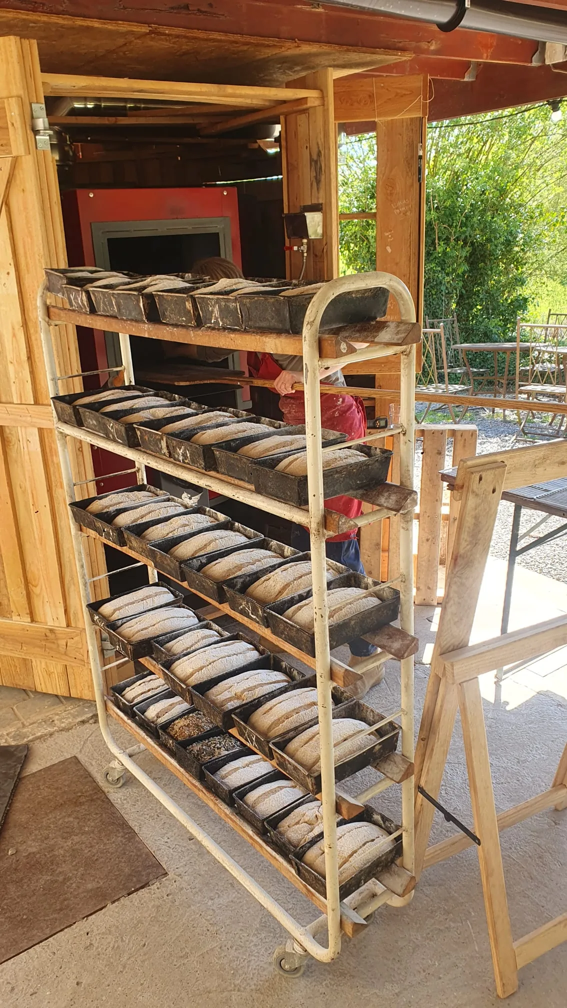 Chariot à étages chargé de bannetons en osier remplis de pâtons en attente de cuisson, Stéphanie en arrière-plan dans le fournil
