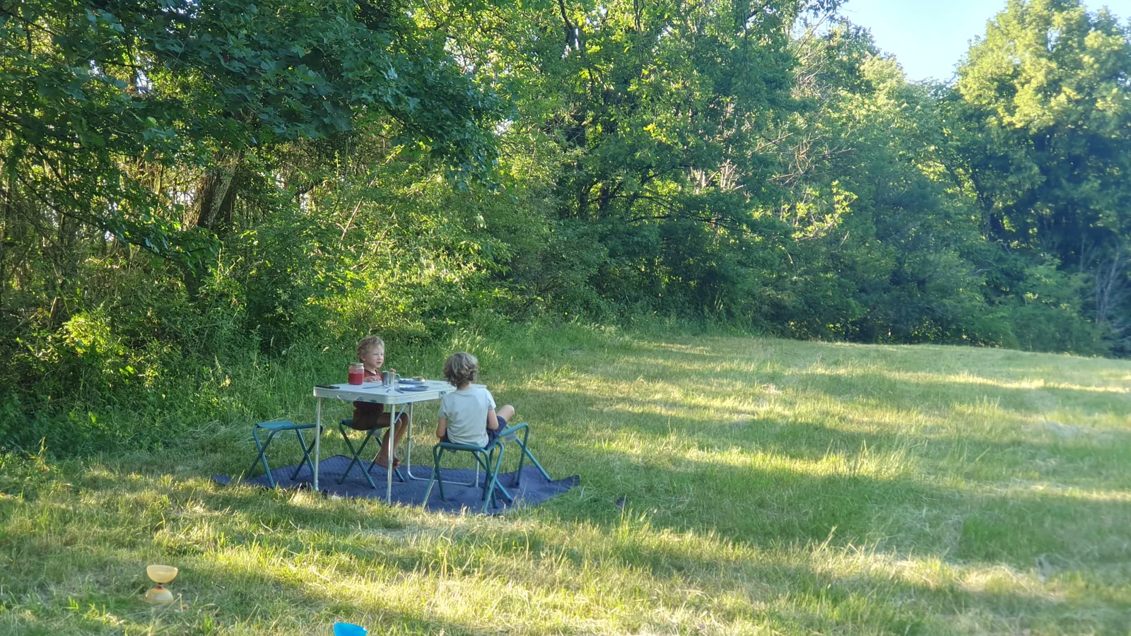 Colin et Léon attablés à une petite table de camping au milieu de la grande prairie fauchée, lisière boisée derrière, lumière dorée de fin de journée