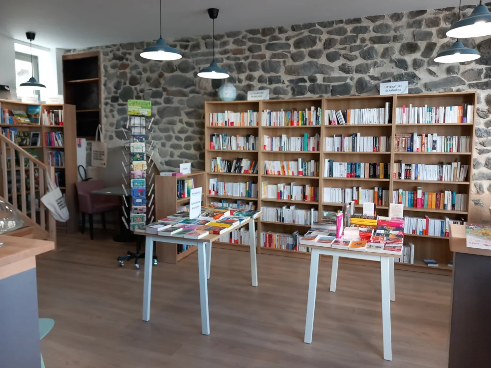 L'intérieur de la librairie L'Archipel des Mots : mur en pierre, étagères de littérature et tables de présentation